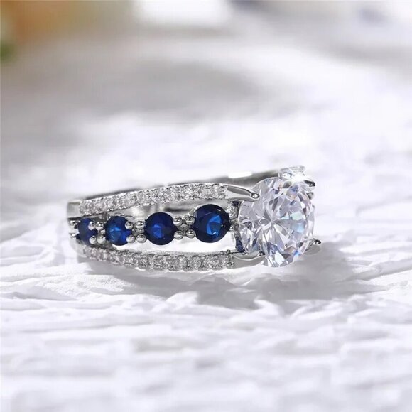 NIP Luxurious Banquet Creative Hollow out Sapphire Blue Zircon Ring  - Size 7.5 - Picture 6 of 8